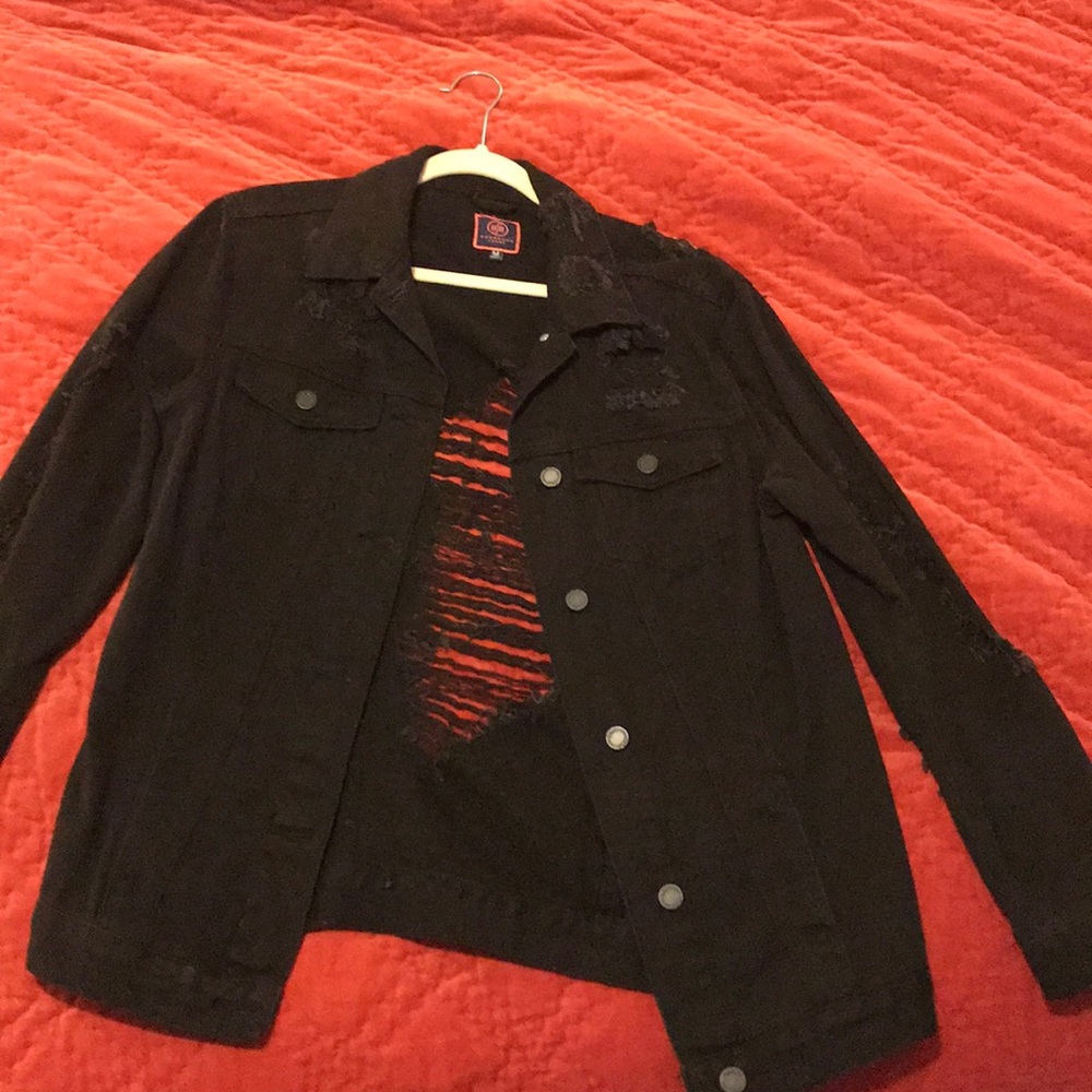 Distressed black jean jacket